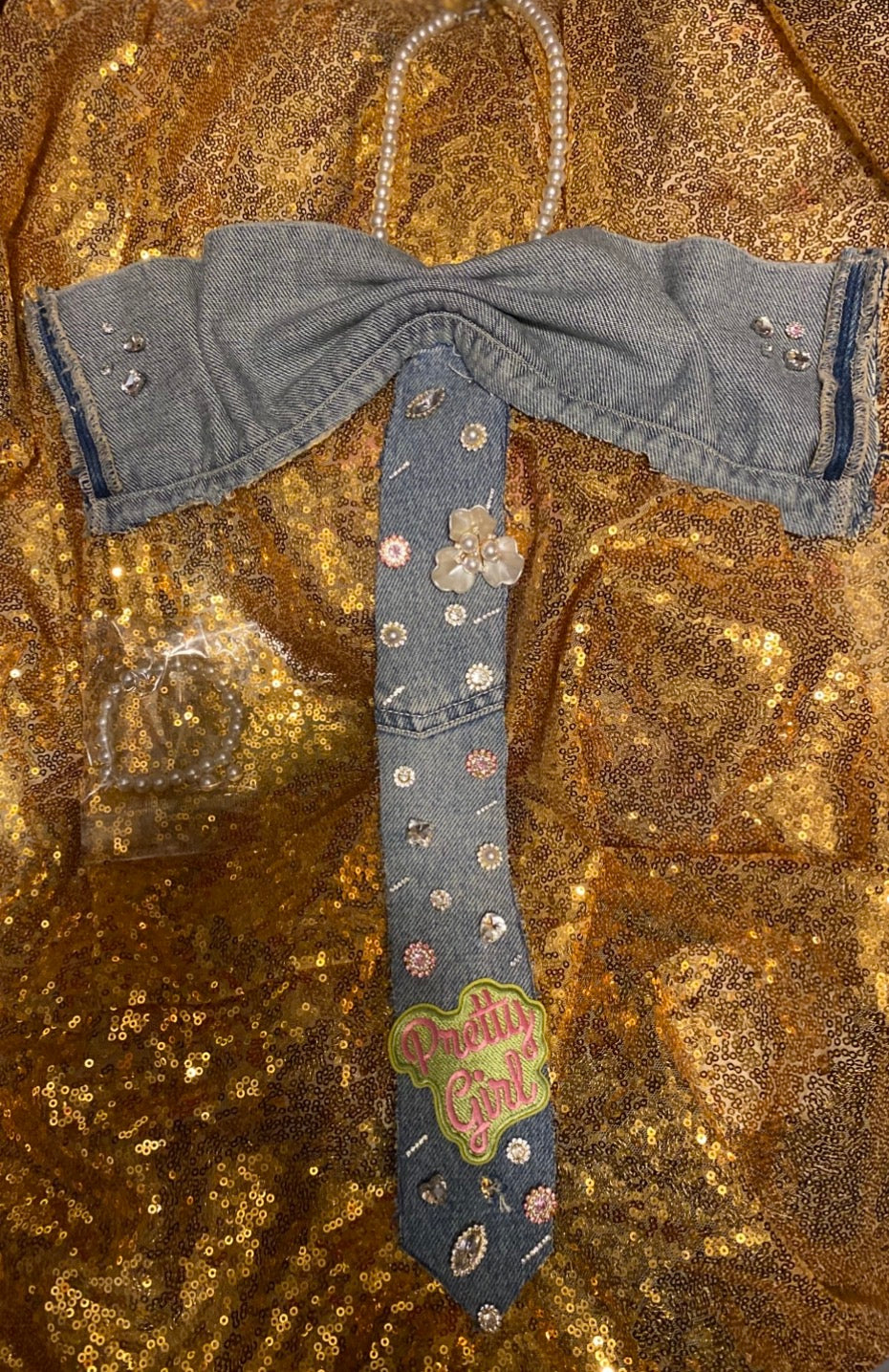 Pretty girl custom made bling bow tie! With Pearl necklace & bracelet